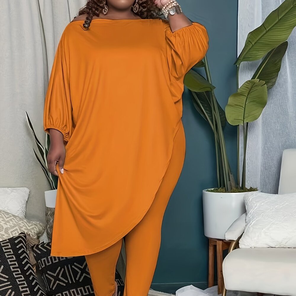 Plus Size Off-Shoulder 2PC Set | Asymmetrical Top + Stretch Pants (1X–5X) - Picture 3 of 3